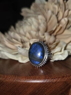 Blue Flash Labradorite Ring 925 Sterling Silver Overlay Size 9 NEW